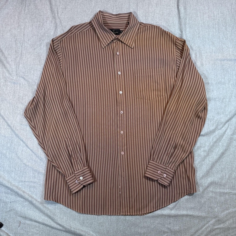 Bugatchi Uomo Shirt Mens 2XL‎ Brown Striped Button Up Long Sleeve Rayon Blend